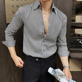 2025春装高级感V领衬衫男长袖花衬衣垂感时尚千鸟格衬衫C2365-P58，男装衬衫，电商A213
