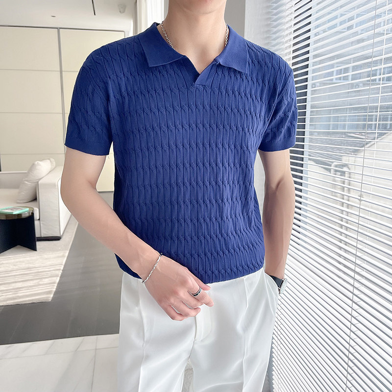 轻熟风~冰丝薄款V领针织提花短袖Polo衫男休闲翻领T恤PL269-P58,男装T恤,电商A213