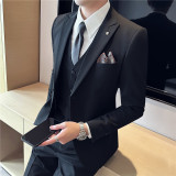 春秋戗驳领双开叉两粒扣西装男套装西服三件套黑色SJT505-P265，男装西服套装，电商A213