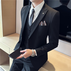 春秋戗驳领双开叉两粒扣西装男套装西服三件套黑色SJT505-P265图片