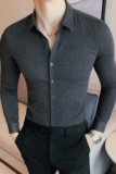 补齐长期做男士时尚暗条纹长袖衬衫磨毛修身衬衣男灰色C8601-P65，男装衬衫，电商A213