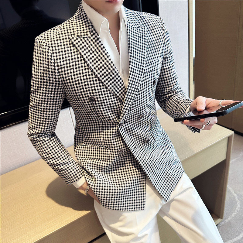 戗驳领双排扣千鸟格西服外套男修身西装上衣单西黑白格DX-2-P155,男装西服套装,电商A213