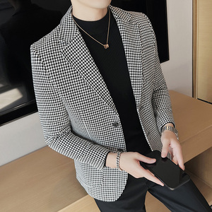 加厚西装外套男秋冬季潮流修身黑白拼接千鸟格子西服男DX916-P138图片