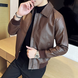 高级感翻领皮衣休闲外套男士网格编织皮夹克黑色JK7202-P143，男装夹克，电商A213