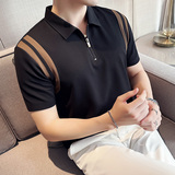 高弹冰丝泡泡面料撞色半拉链polo衫男短袖翻领t恤白色PL2619-P58，男装T恤，电商A213
