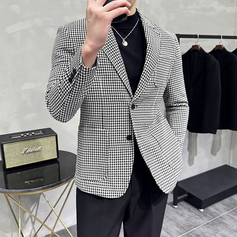 高级感厚款西装外套男潮流修身黑白拼接千鸟格子西服男DX916-P138,男装西服套装,电商A213