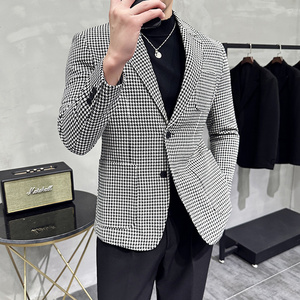 高级感厚款西装外套男潮流修身黑白拼接千鸟格子西服男DX916-P138图片