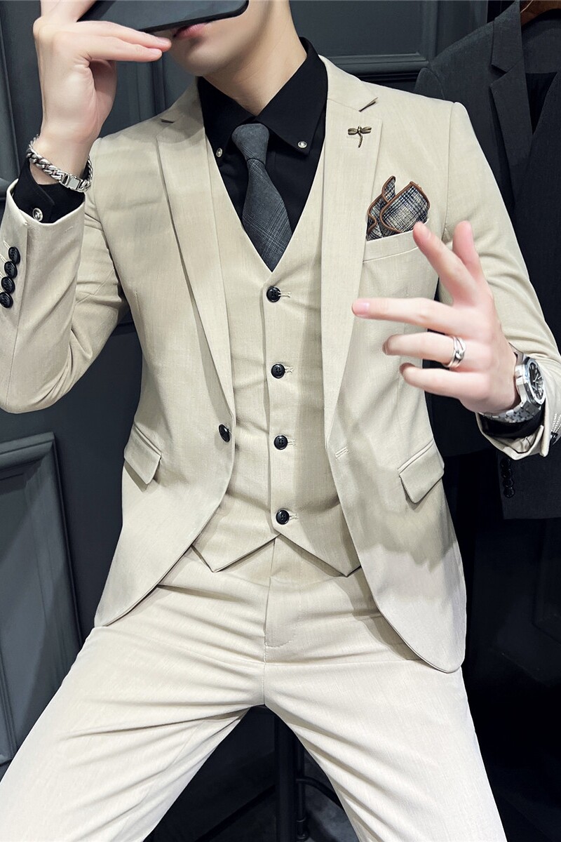 S-7XL主推款~男士西服套装韩版修身西装三件套卡其色SJT105-P265,男装西服套装,电商A213