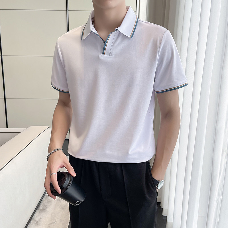 轻熟风~V领拼色翻领T恤男士短袖POLO衫黑色PL05-P55,男装T恤,电商A213