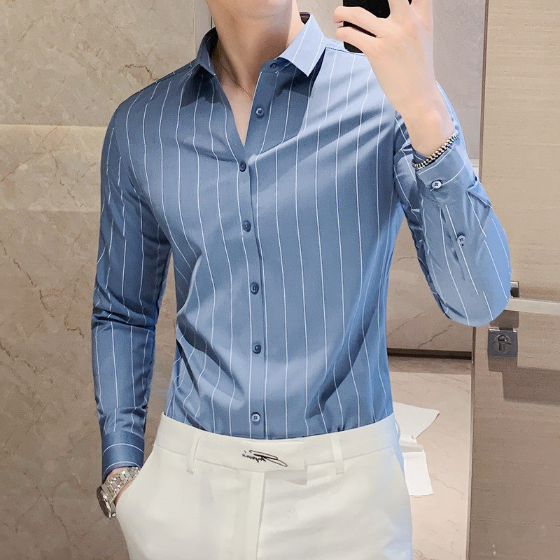 长期做~高品质无痕衬衫免烫商务条纹衬衣男长袖衬衫蓝色C6005-P78图片