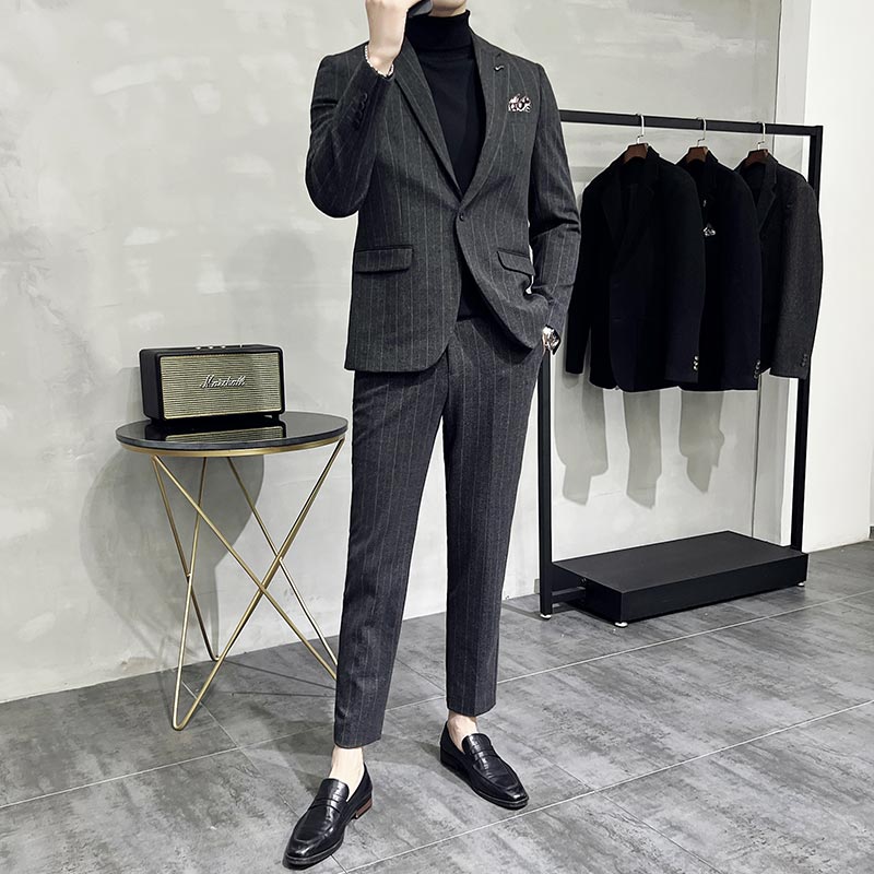 条纹毛呢休闲西装外套男修身韩版秋冬加厚款西服套装LJT6953-P230,男装西服套装,电商A213