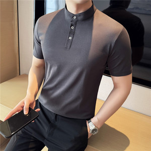 新增军绿色~新中式立领薄款polo衫纯色短袖t恤亨利领T7860-P50,男装Polo衫,电商A213