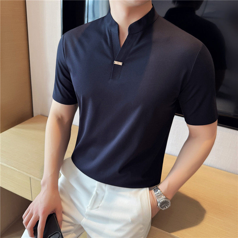 新中式立领高弹力短袖POLO衫高级感无痕压胶翻领T恤PL2816-P63，男装Polo衫，电商A213