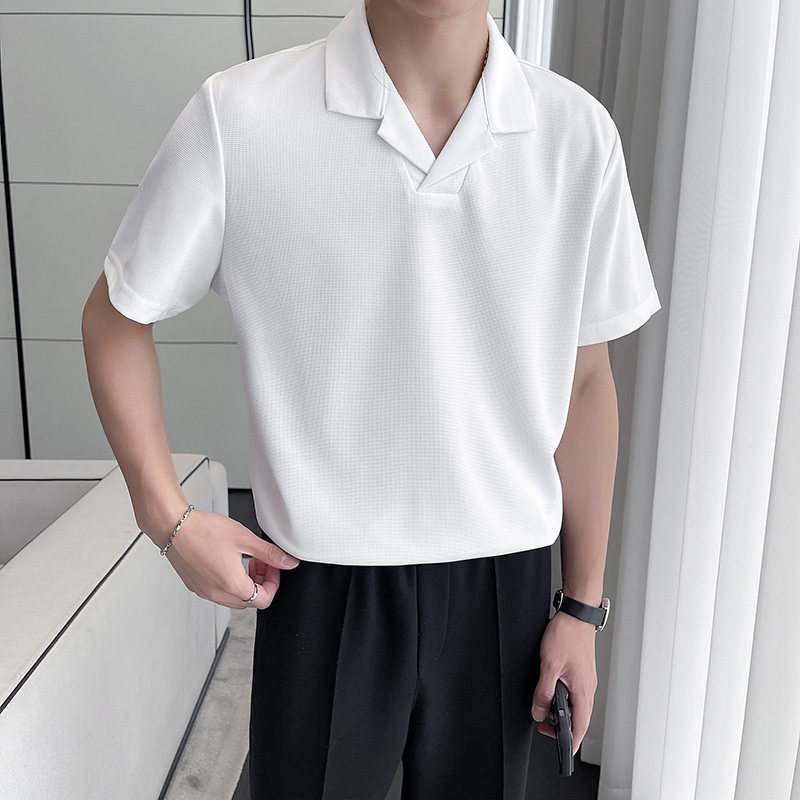 轻熟风~冰丝华夫格古巴领polo衫男西装领短袖T恤蓝色PL2238-P53,男装T恤,电商A213