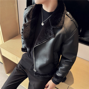 加厚棉衣皮毛一体棉服皮外套西装领斜拉链皮夹克黑色P23100-P268图片
