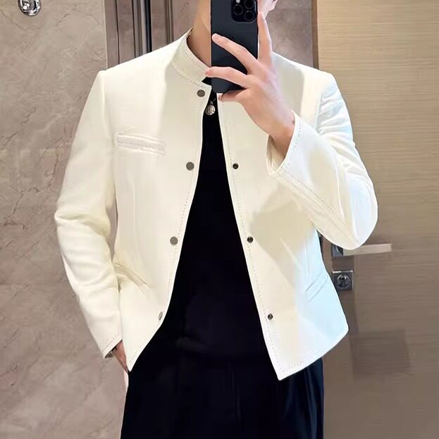 高级感醋酸布小香风夹克男新中式立领短款拼色外套白色JK001-P127图片