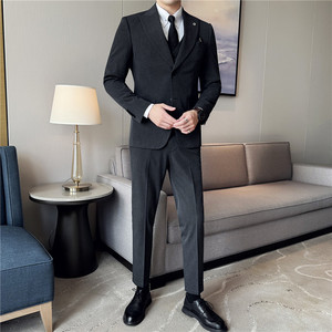 特价主推两粒扣西装套装修身商务西服三件套深灰色SJT7052-P190特图片
