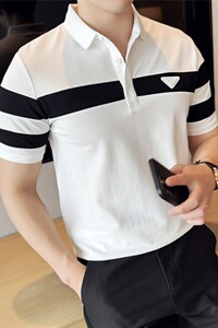 网红款~夏季条纹拼色polo衫男撞色短袖翻领t恤白色PL222-P47特图片