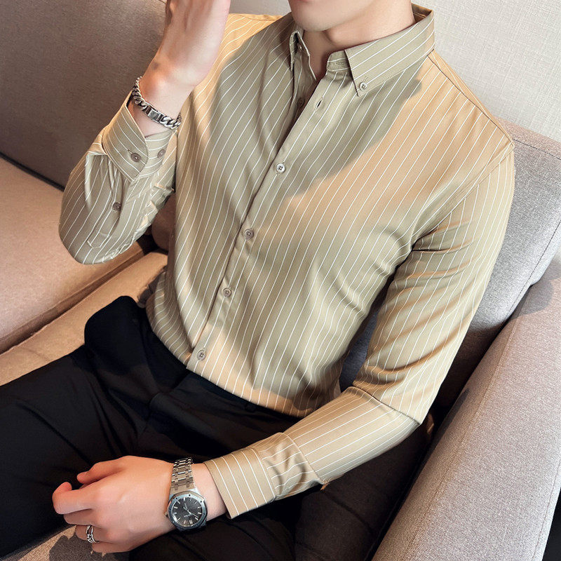 常年做~高品质面料~男质感条纹衬衫 修身长袖衬衣卡其色C5515-P65图片