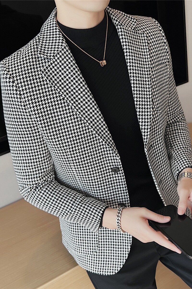 加厚西装外套男秋冬季潮流修身黑白拼接千鸟格子西服男DX916-P138,男装西服,电商A213