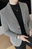 加厚西装外套男秋冬季潮流修身黑白拼接千鸟格子西服男DX916-P138，男装西服套装，电商A213
