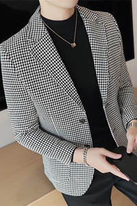 加厚西装外套男秋冬季潮流修身黑白拼接千鸟格子西服男DX916-P138图片
