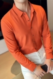 无痕华夫格免烫抗皱长袖衬衫男修身休闲商务衬衣橙色C6061-P73，男装衬衫，电商A213