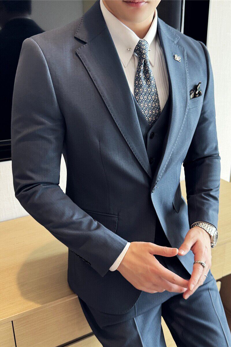 高级感色织细条纹西服新郎结婚礼服西装三件套男蓝色SJT8031-P285图片