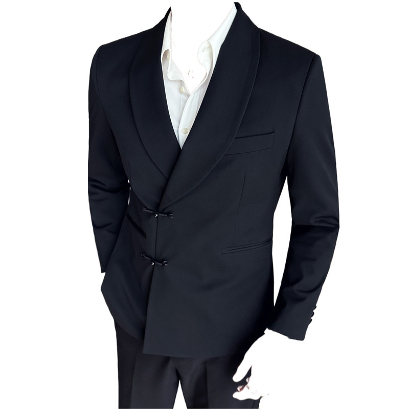新中式休闲盘扣西服套装青果领宴会西装两件套男黑色LJT953-P243,男装西服套装,电商A213