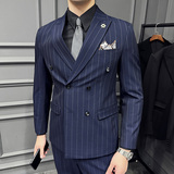 高级感西服套装条纹双排扣戗驳领西装三件套男蓝色SJT8013-P275，男装西服套装，电商A213