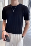 轻熟风~圆领短袖毛衣修身条纹针织衫弹力T恤打底衫黑色MY03-P45，男装T恤，电商A213