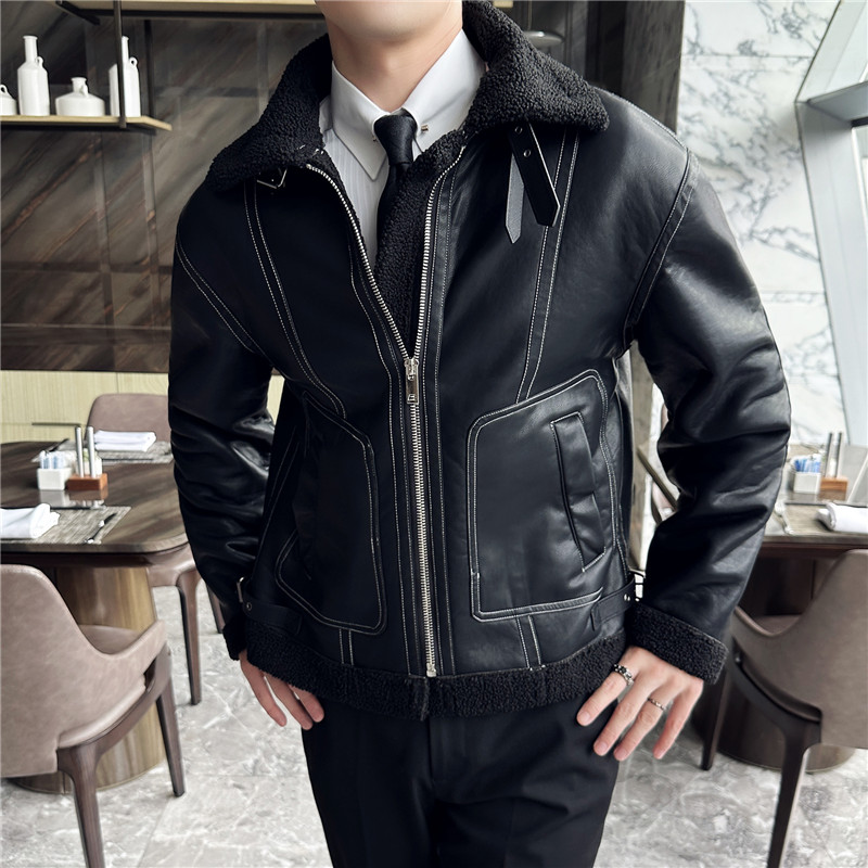 加厚棉衣男皮毛一体棉服皮外套翻领拉链PU皮夹克黑色PM22127-P237图片
