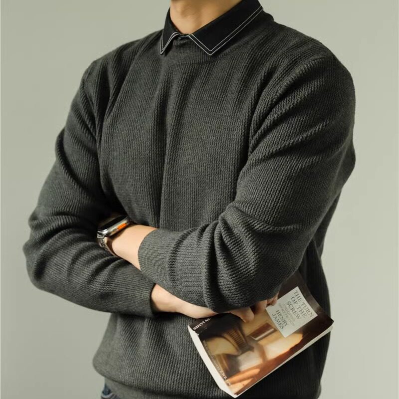 秋冬时尚衬衫领男加厚毛衣商务假两件针织衫高级感M8817-P88,男装针织衫/毛衣,电商A213
