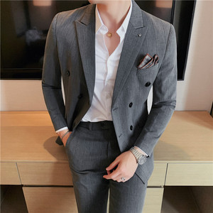 宽条纹西装双排扣西服套装男商务礼服两件套修身深灰LJT306/P230图片