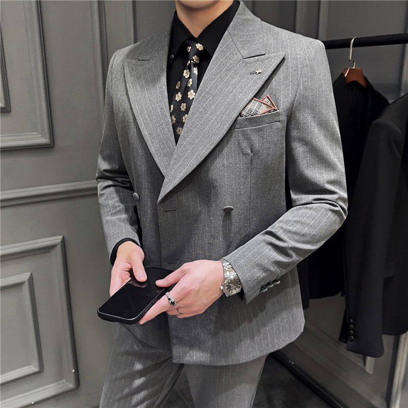 大戗驳领双排扣西服拉伸腰围西裤条纹西装三件套黑色SJT2082-P285图片
