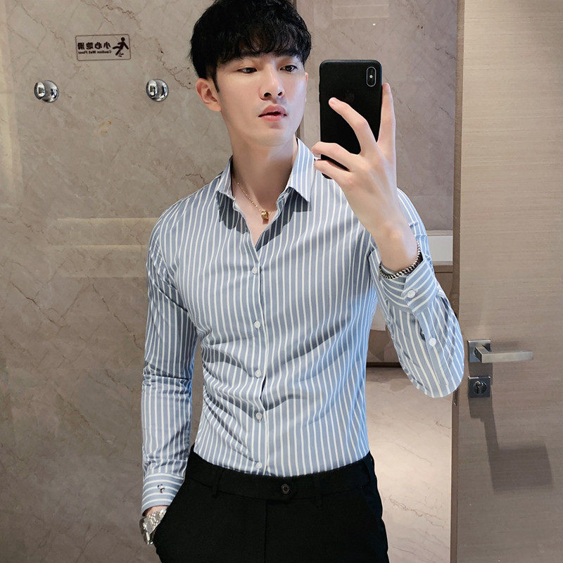 长期做~高品质男刺绣条纹衬衫修身潮男商务长袖衬衫蓝色C2036-P65图片