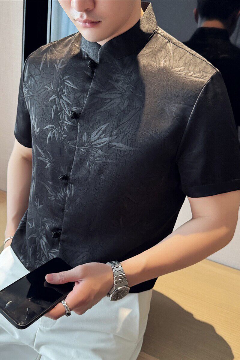 新中式唐装立领盘扣高级感短袖衬衣风印花衬衫黑色C2538-P78,男装衬衫,电商A213