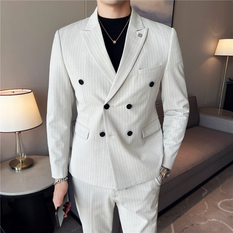 色织质感面料西服套装条纹双排扣西装三件套男SJT6831-P275,男装西服套装,电商A213
