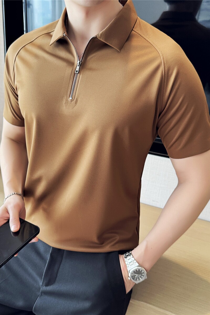 无痕压胶半拉链polo衫~冰丝薄款高弹男短袖T恤咖啡色PL2332-P63图片