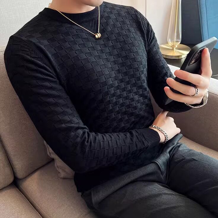 弹力提花编织冬季圆领毛衣男套头修身华夫格针织衫白色M9342-P57图片