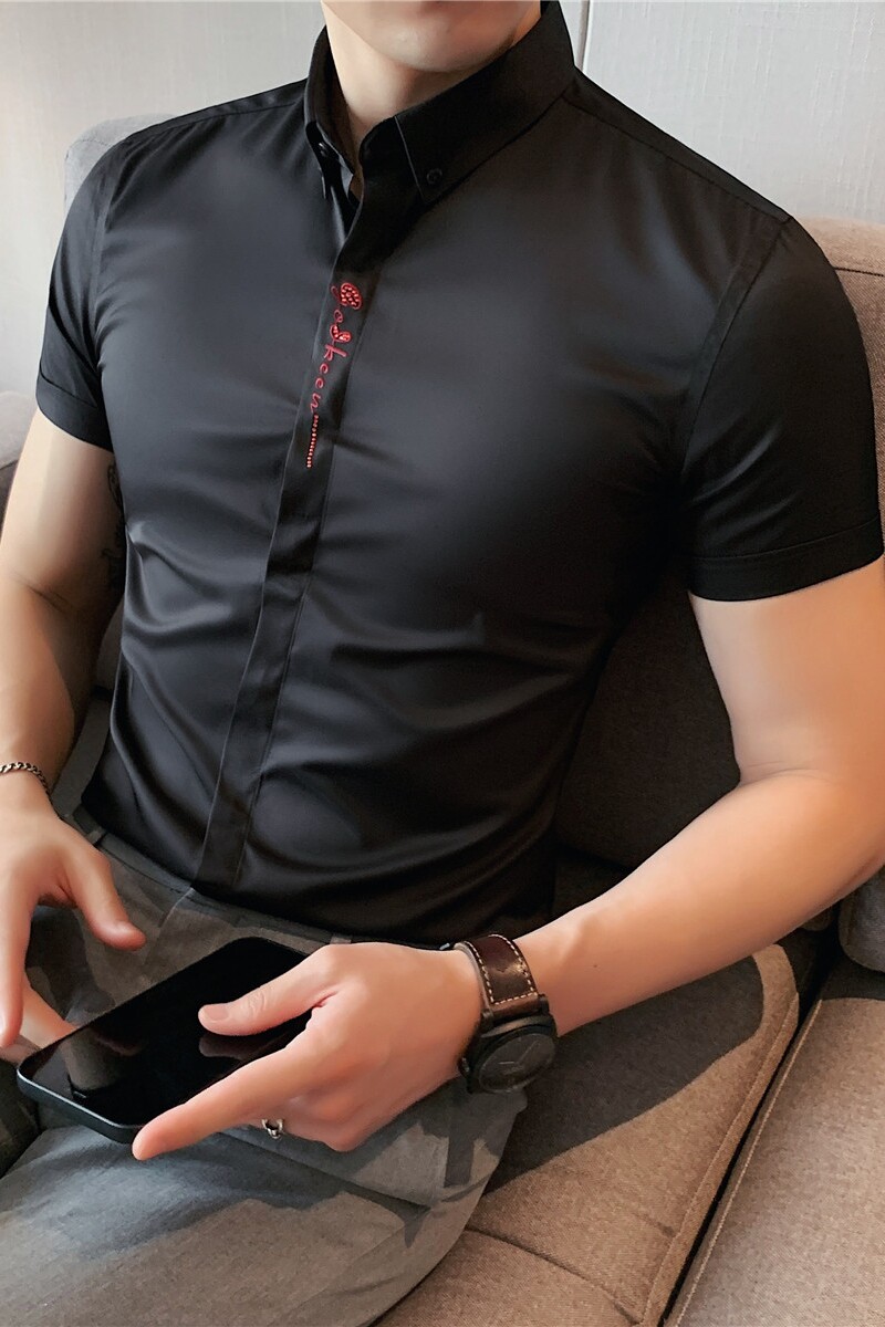 夏季薄款男短袖衬衫修身商务衬衫高级感刺绣衬衣黑色C1803-P60,男装T恤,电商A213