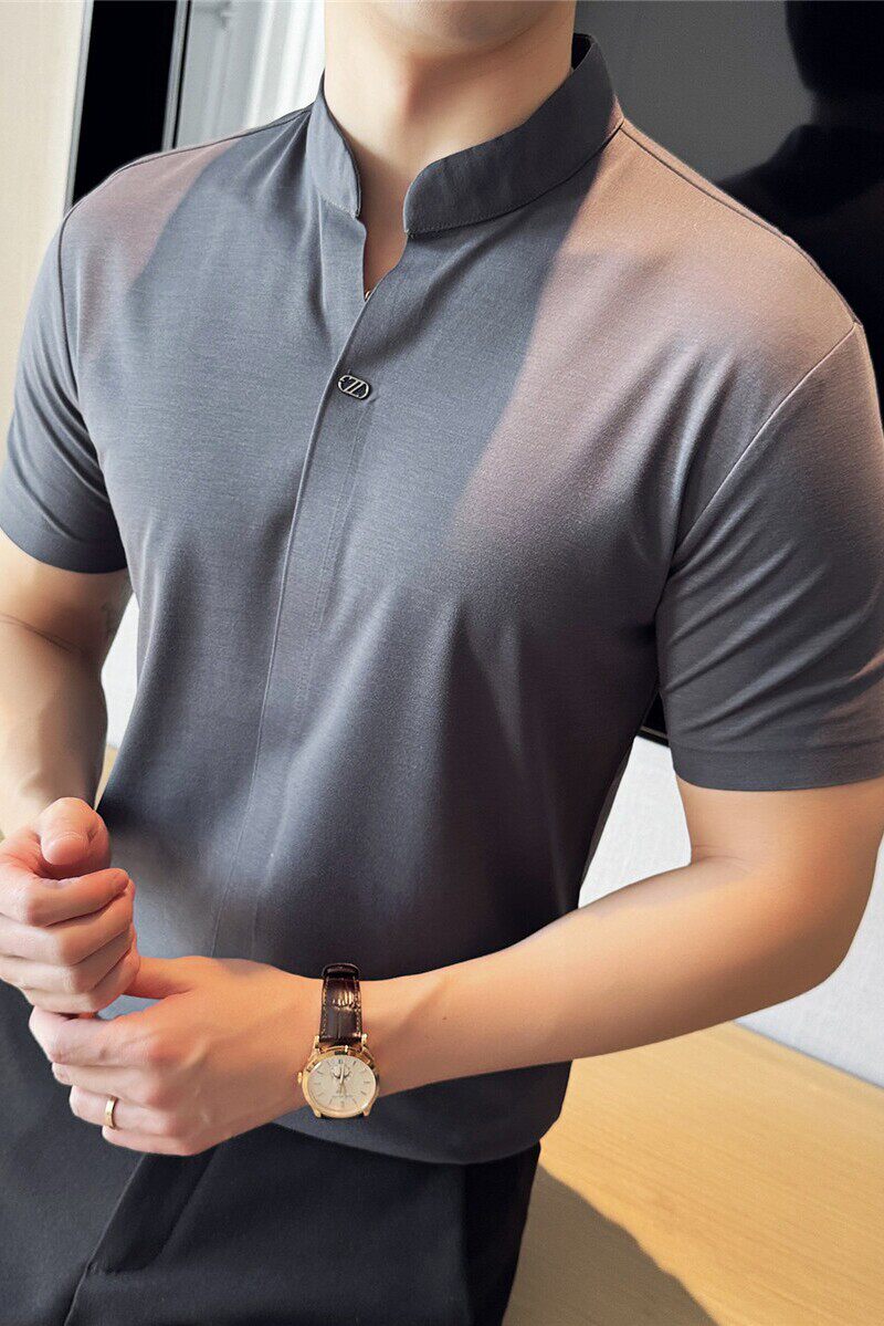 新中式立领无痕~垂感高弹V领polo衫薄款短袖t恤灰色PL2512-P63，男装Polo衫，电商A213