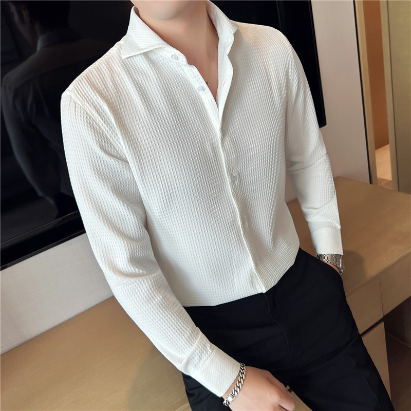 温莎领衬衣帅气高档华夫格长袖衬衫男垂感一字领衬衣白色CXT3-P63图片