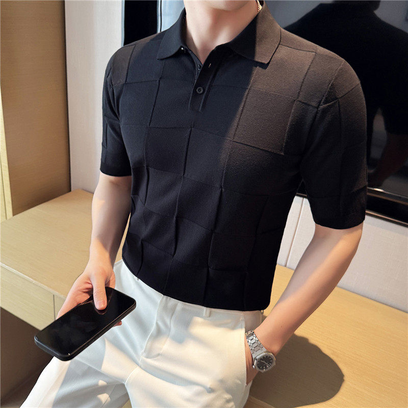 【天丝莱赛尔】高级感格子冰丝针织POLO衫短袖T恤黑色PL2403-P63，男装Polo衫，电商A213