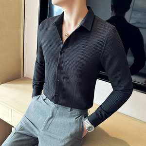 高级感华夫格衬衫免烫商务修身衬衣男长袖衬衫白色C2001-P58图片