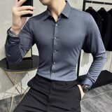 高级感弹力无痕压胶坠感丝滑长袖衬衫男修身衬衣蓝色C6018-P78，男装衬衫，电商A213