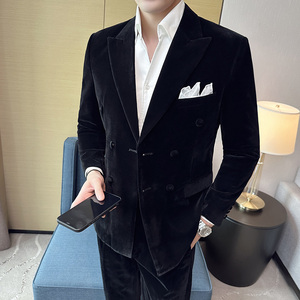 帅气戗驳领双排扣男礼服丝绒西装外套结婚西服上衣DX947-P158图片