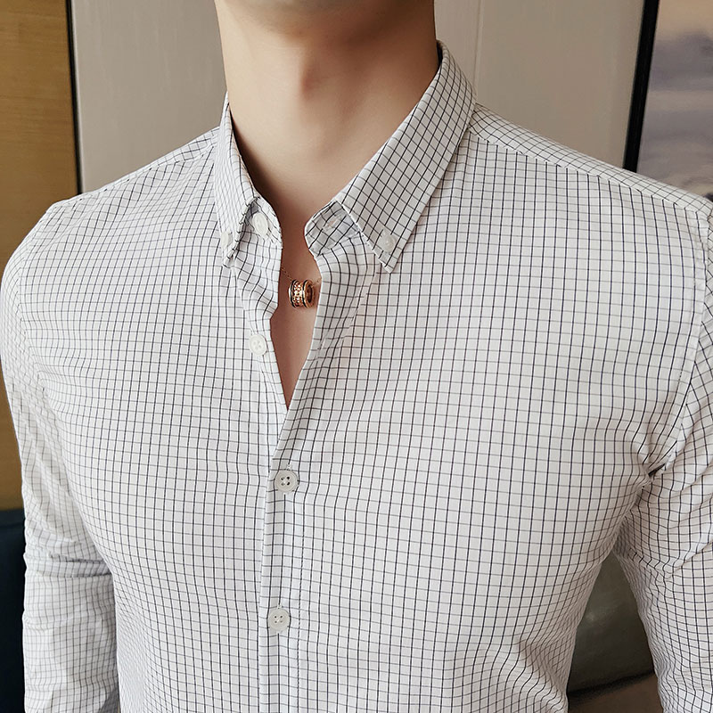 2025秋装新款男质感格子衬衫修身潮男商务长袖衬衫蓝色C8646-P63，男装衬衫，电商A213