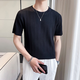 轻熟风~圆领短袖毛衣修身条纹针织衫弹力T恤打底衫黑色MY03-P45，男装T恤，电商A213