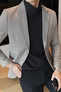 质感高档千鸟格子西装两粒扣西服男休闲西装外套经典红DX909-P138图片